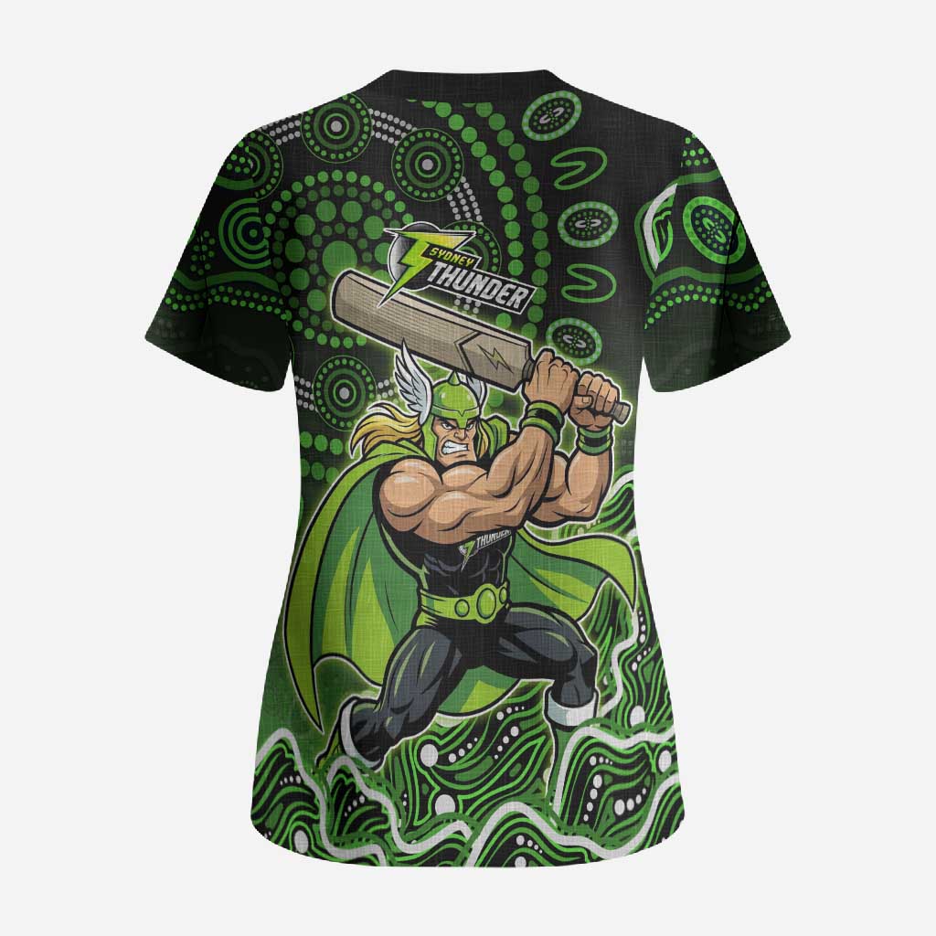 Sydney Thunder Cricket Mascot Scrub Top Aboriginal Dot Art Green And Black Tribal Pattern
