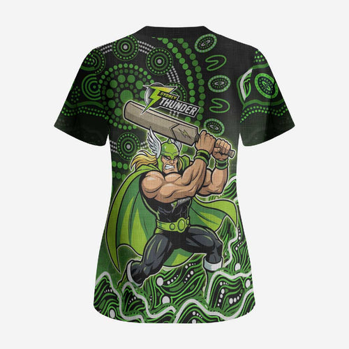 Sydney Thunder Cricket Mascot Scrub Top Aboriginal Dot Art Green And Black Tribal Pattern