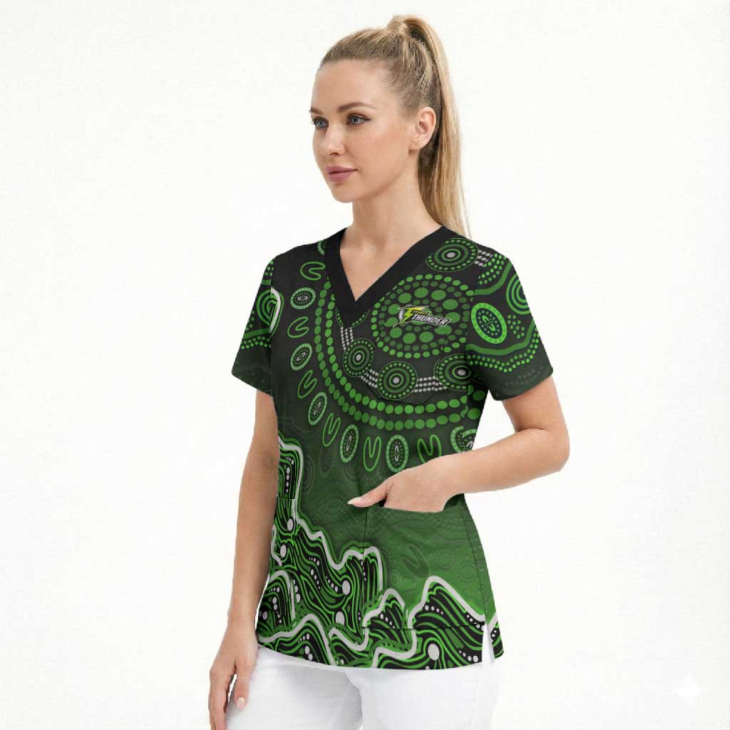 Sydney Thunder Cricket Mascot Scrub Top Aboriginal Dot Art Green And Black Tribal Pattern