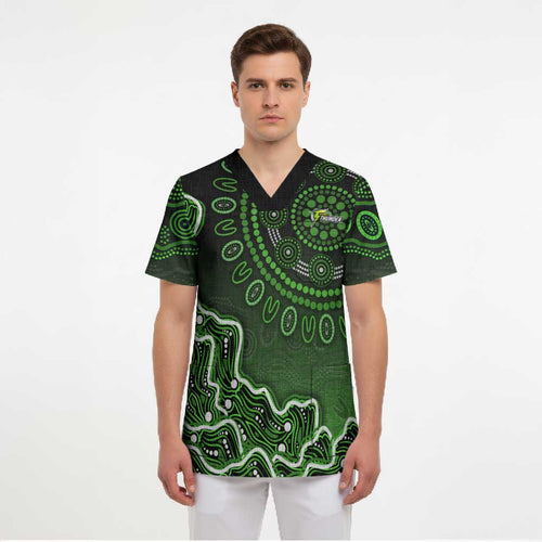 Sydney Thunder Cricket Mascot Scrub Top Aboriginal Dot Art Green And Black Tribal Pattern