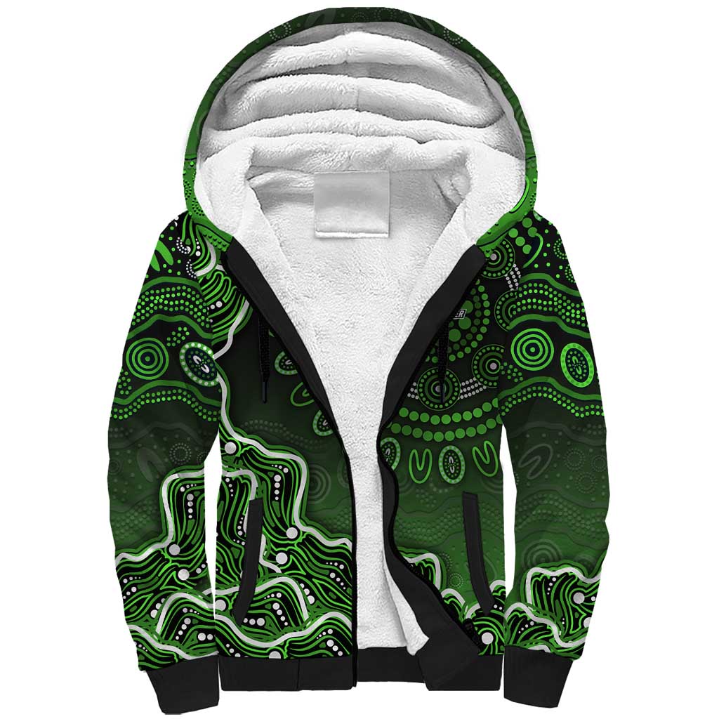 Sydney Thunder Cricket Mascot Sherpa Hoodie Aboriginal Dot Art Green And Black Tribal Pattern