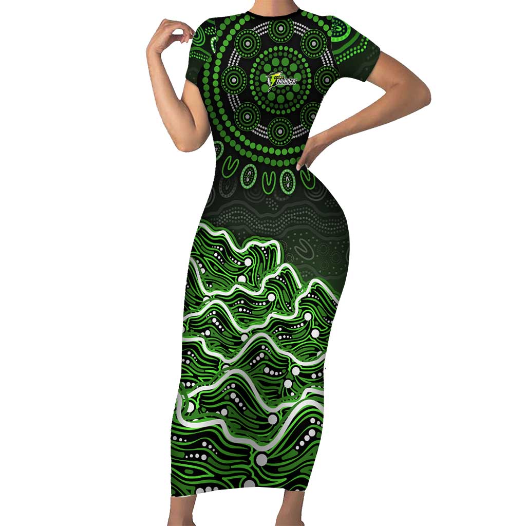 Sydney Thunder Cricket Mascot Short Sleeve Bodycon Dress Aboriginal Dot Art Green And Black Tribal Pattern