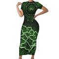 Sydney Thunder Cricket Mascot Short Sleeve Bodycon Dress Aboriginal Dot Art Green And Black Tribal Pattern