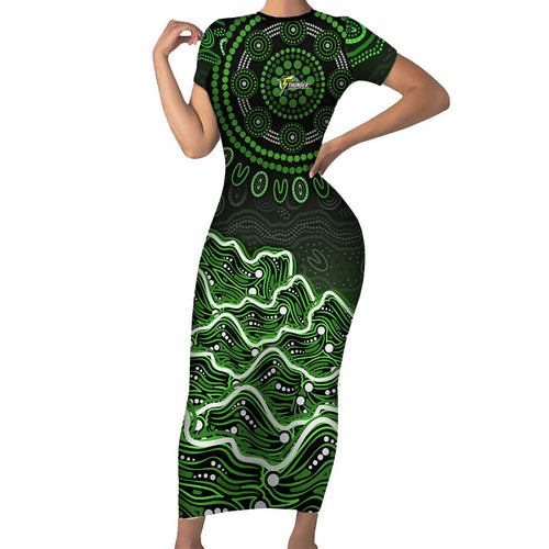 Sydney Thunder Cricket Mascot Short Sleeve Bodycon Dress Aboriginal Dot Art Green And Black Tribal Pattern