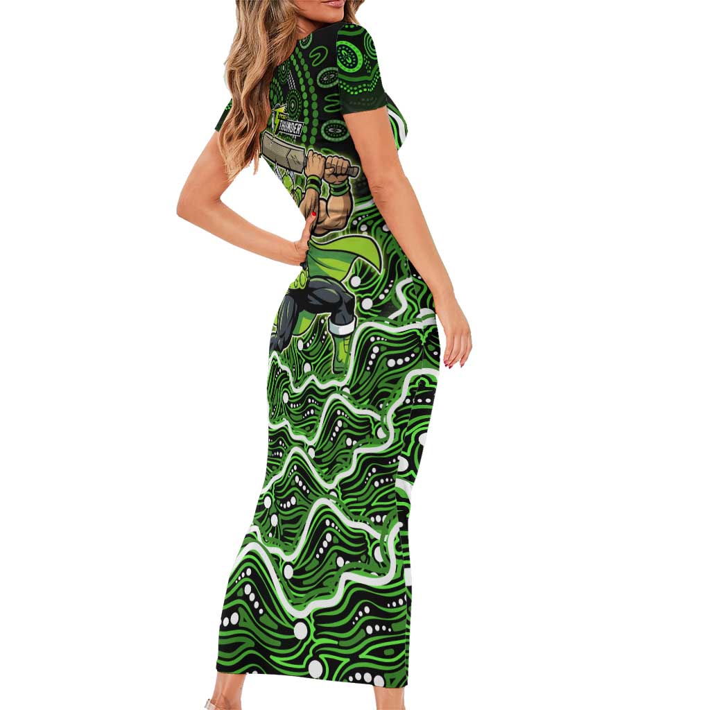 Sydney Thunder Cricket Mascot Short Sleeve Bodycon Dress Aboriginal Dot Art Green And Black Tribal Pattern