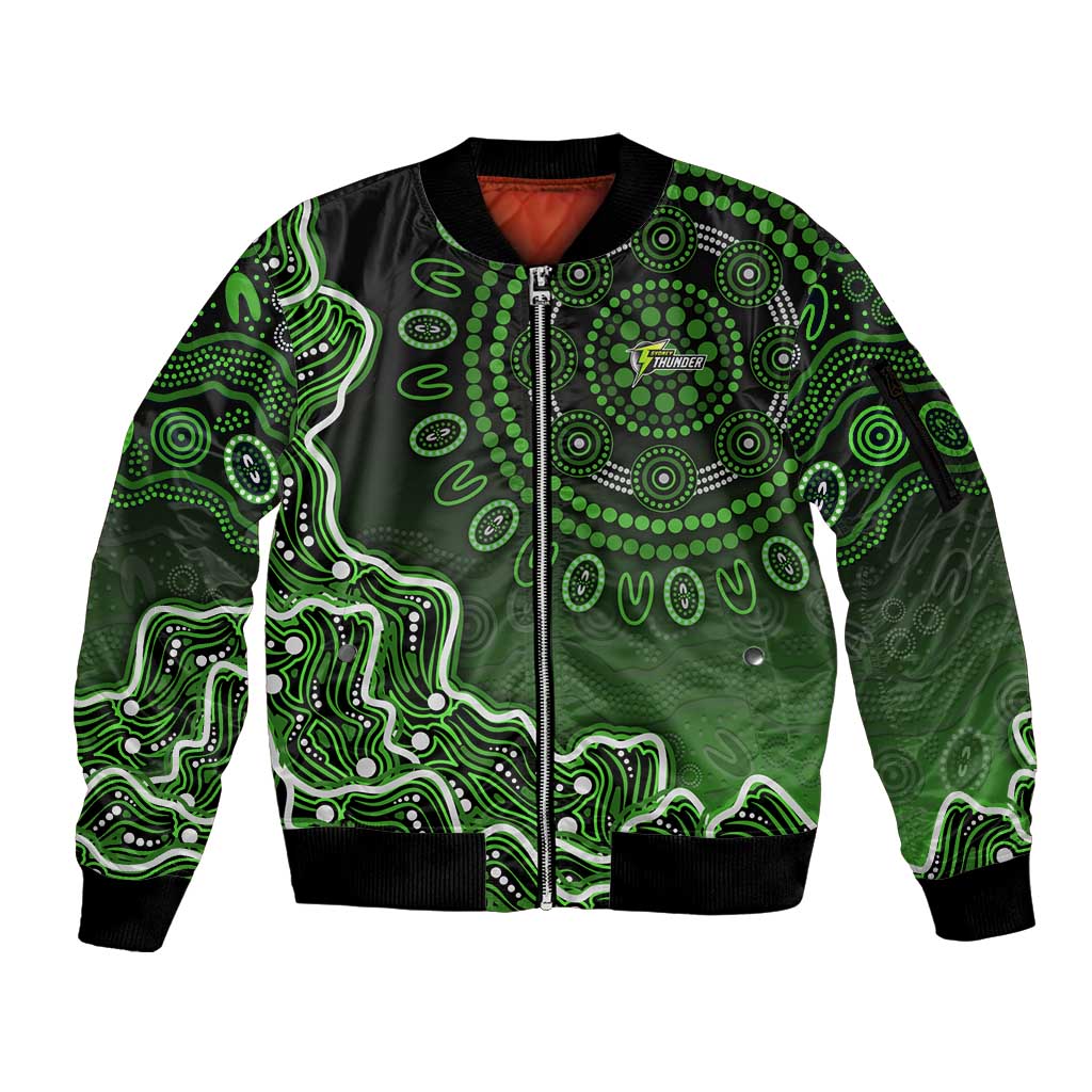 Sydney Thunder Cricket Mascot Sleeve Zip Bomber Jacket Aboriginal Dot Art Green And Black Tribal Pattern