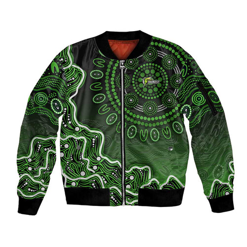 Sydney Thunder Cricket Mascot Sleeve Zip Bomber Jacket Aboriginal Dot Art Green And Black Tribal Pattern