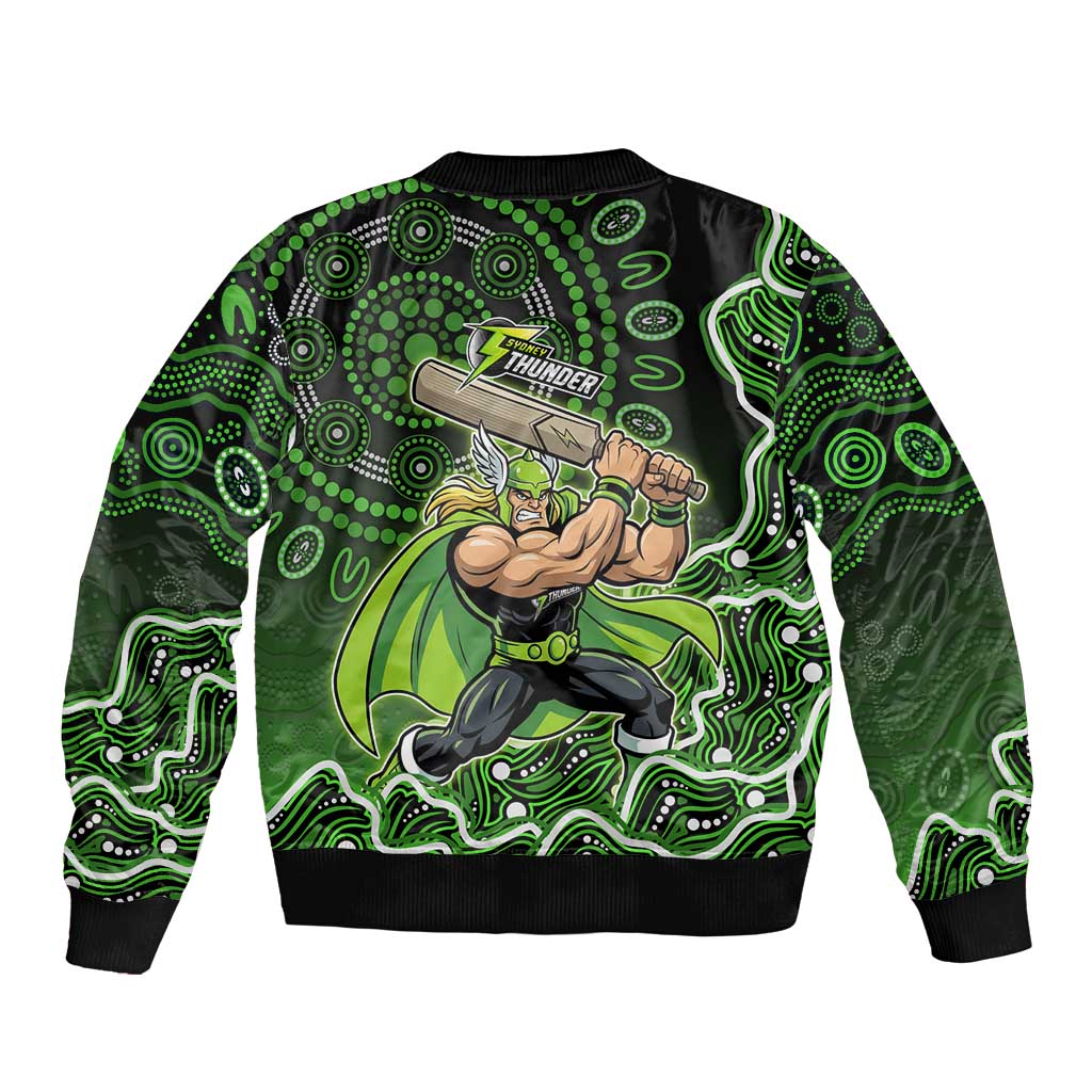 Sydney Thunder Cricket Mascot Sleeve Zip Bomber Jacket Aboriginal Dot Art Green And Black Tribal Pattern