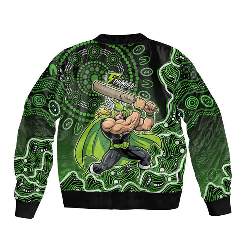 Sydney Thunder Cricket Mascot Sleeve Zip Bomber Jacket Aboriginal Dot Art Green And Black Tribal Pattern
