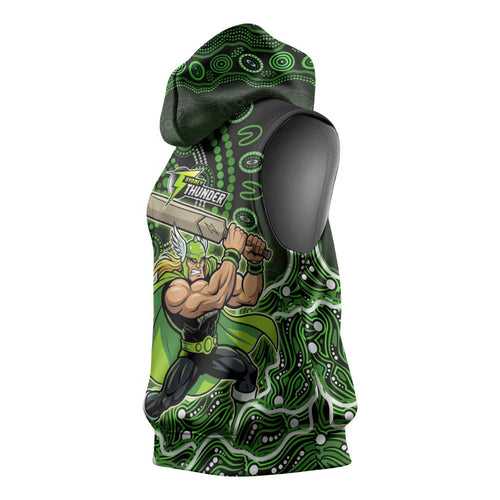 Sydney Thunder Cricket Mascot Sleeveless Hoodie Aboriginal Dot Art Green And Black Tribal Pattern