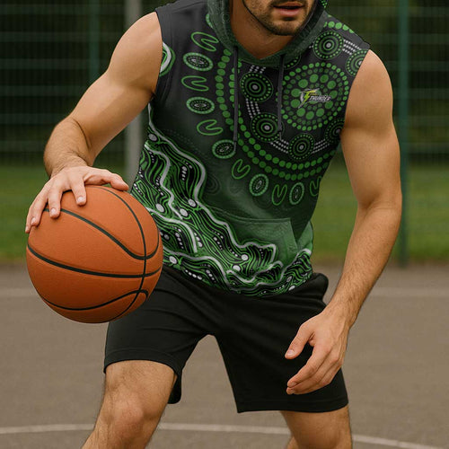 Sydney Thunder Cricket Mascot Sleeveless Hoodie Aboriginal Dot Art Green And Black Tribal Pattern