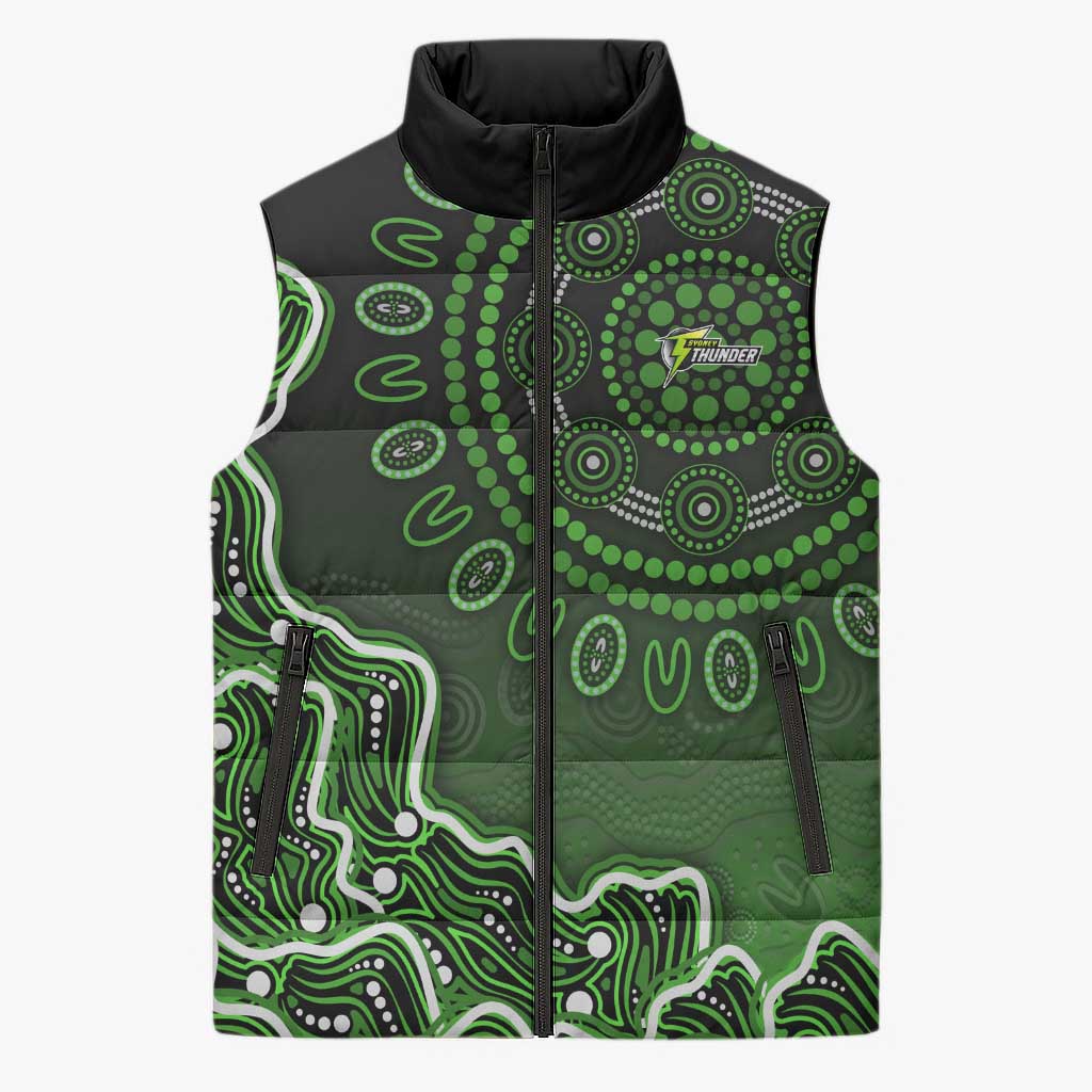 Sydney Thunder Cricket Mascot Sleeveless Puffer Jacket Aboriginal Dot Art Green And Black Tribal Pattern