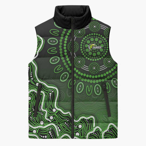 Sydney Thunder Cricket Mascot Sleeveless Puffer Jacket Aboriginal Dot Art Green And Black Tribal Pattern