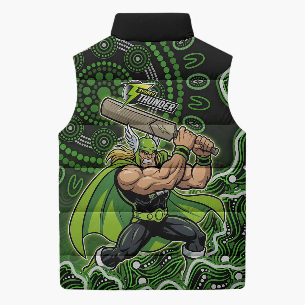 Sydney Thunder Cricket Mascot Sleeveless Puffer Jacket Aboriginal Dot Art Green And Black Tribal Pattern