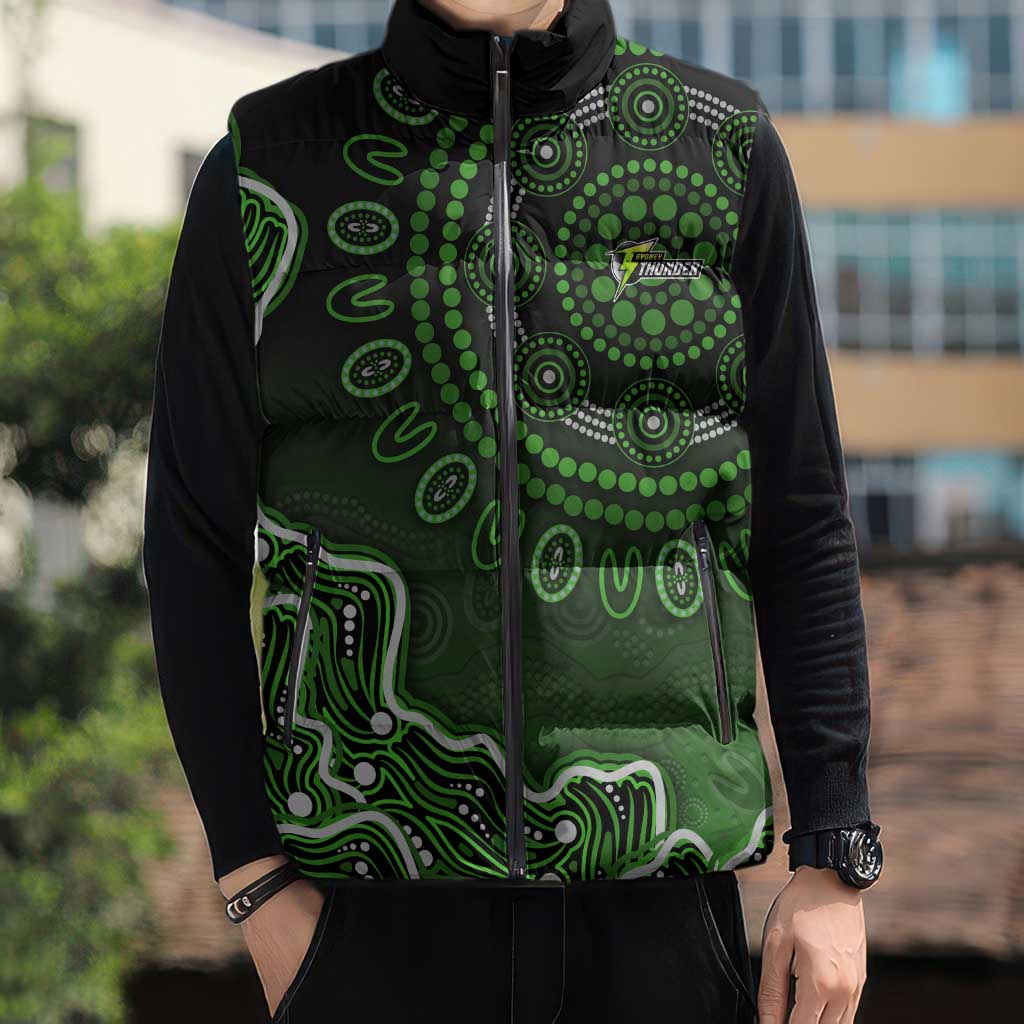 Sydney Thunder Cricket Mascot Sleeveless Puffer Jacket Aboriginal Dot Art Green And Black Tribal Pattern
