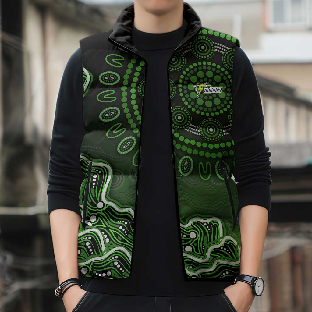 Sydney Thunder Cricket Mascot Sleeveless Puffer Jacket Aboriginal Dot Art Green And Black Tribal Pattern