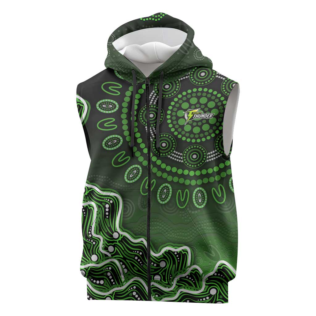 Sydney Thunder Cricket Mascot Sleeveless Zip Hoodie Aboriginal Dot Art Green And Black Tribal Pattern