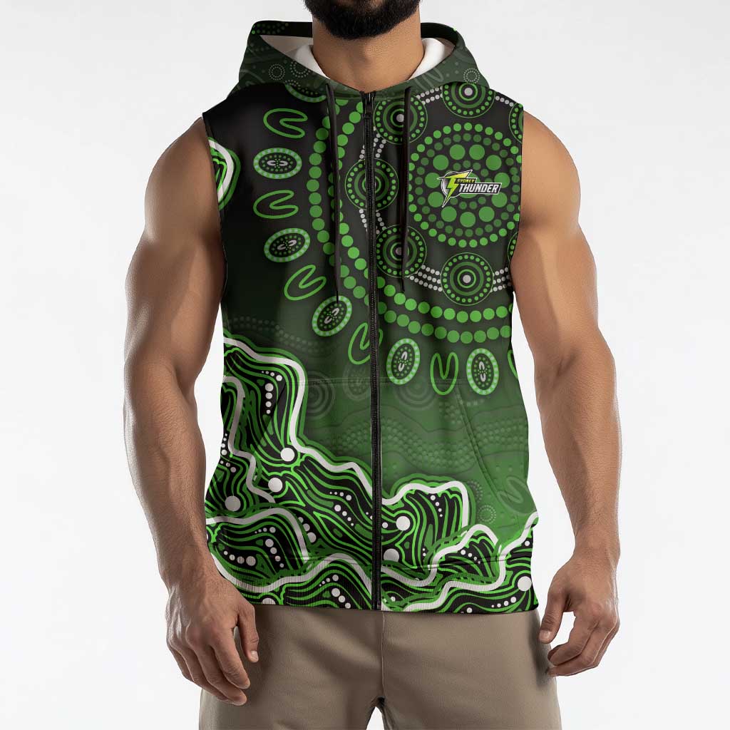 Sydney Thunder Cricket Mascot Sleeveless Zip Hoodie Aboriginal Dot Art Green And Black Tribal Pattern