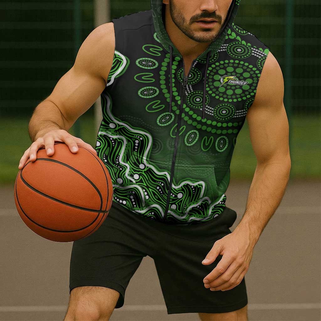 Sydney Thunder Cricket Mascot Sleeveless Zip Hoodie Aboriginal Dot Art Green And Black Tribal Pattern