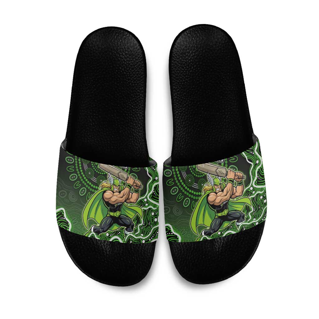 Sydney Thunder Cricket Mascot Slide Sandals Aboriginal Dot Art Green And Black Tribal Pattern