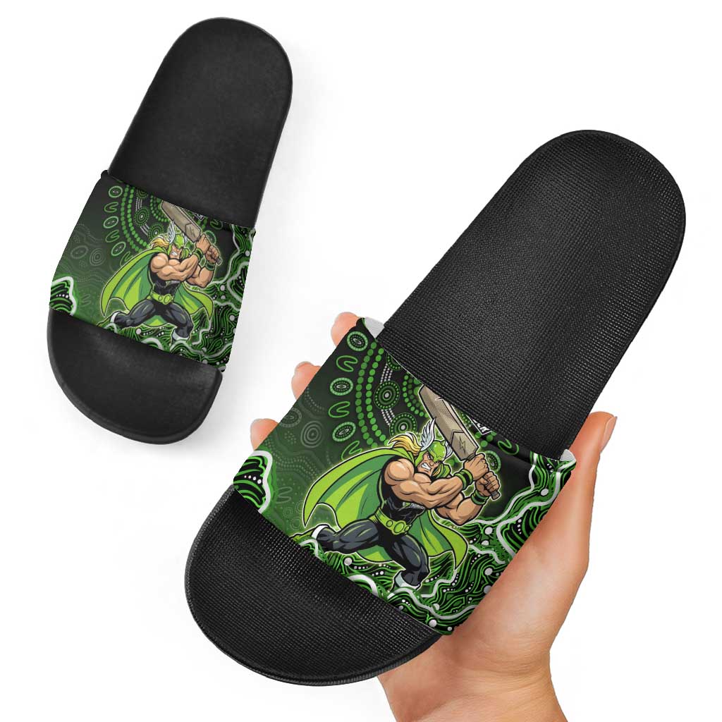 Sydney Thunder Cricket Mascot Slide Sandals Aboriginal Dot Art Green And Black Tribal Pattern