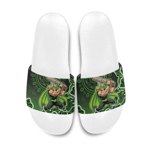 Sydney Thunder Cricket Mascot Slide Sandals Aboriginal Dot Art Green And Black Tribal Pattern
