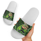 Sydney Thunder Cricket Mascot Slide Sandals Aboriginal Dot Art Green And Black Tribal Pattern
