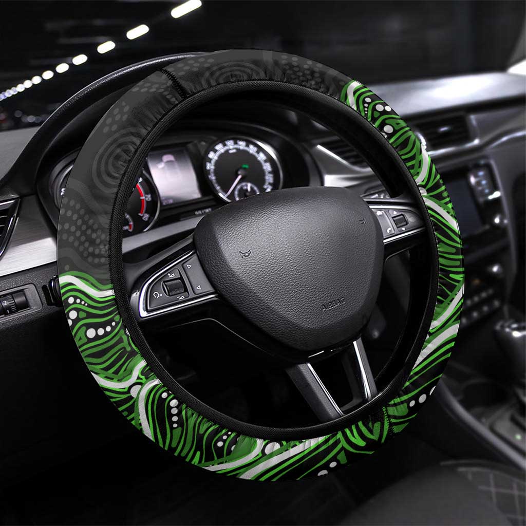 Sydney Thunder Cricket Mascot Steering Wheel Cover Aboriginal Dot Art Green And Black Tribal Pattern