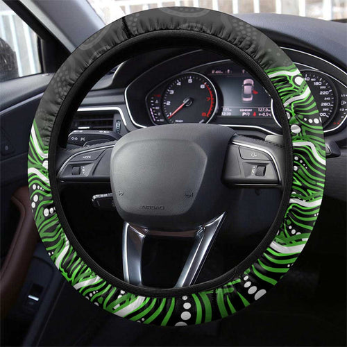Sydney Thunder Cricket Mascot Steering Wheel Cover Aboriginal Dot Art Green And Black Tribal Pattern