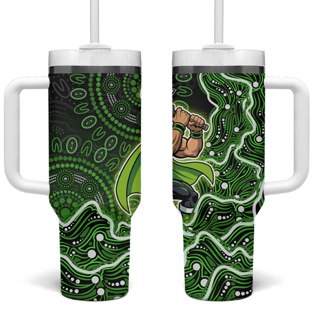 Sydney Thunder Cricket Mascot Tumbler With Handle Aboriginal Dot Art Green And Black Tribal Pattern