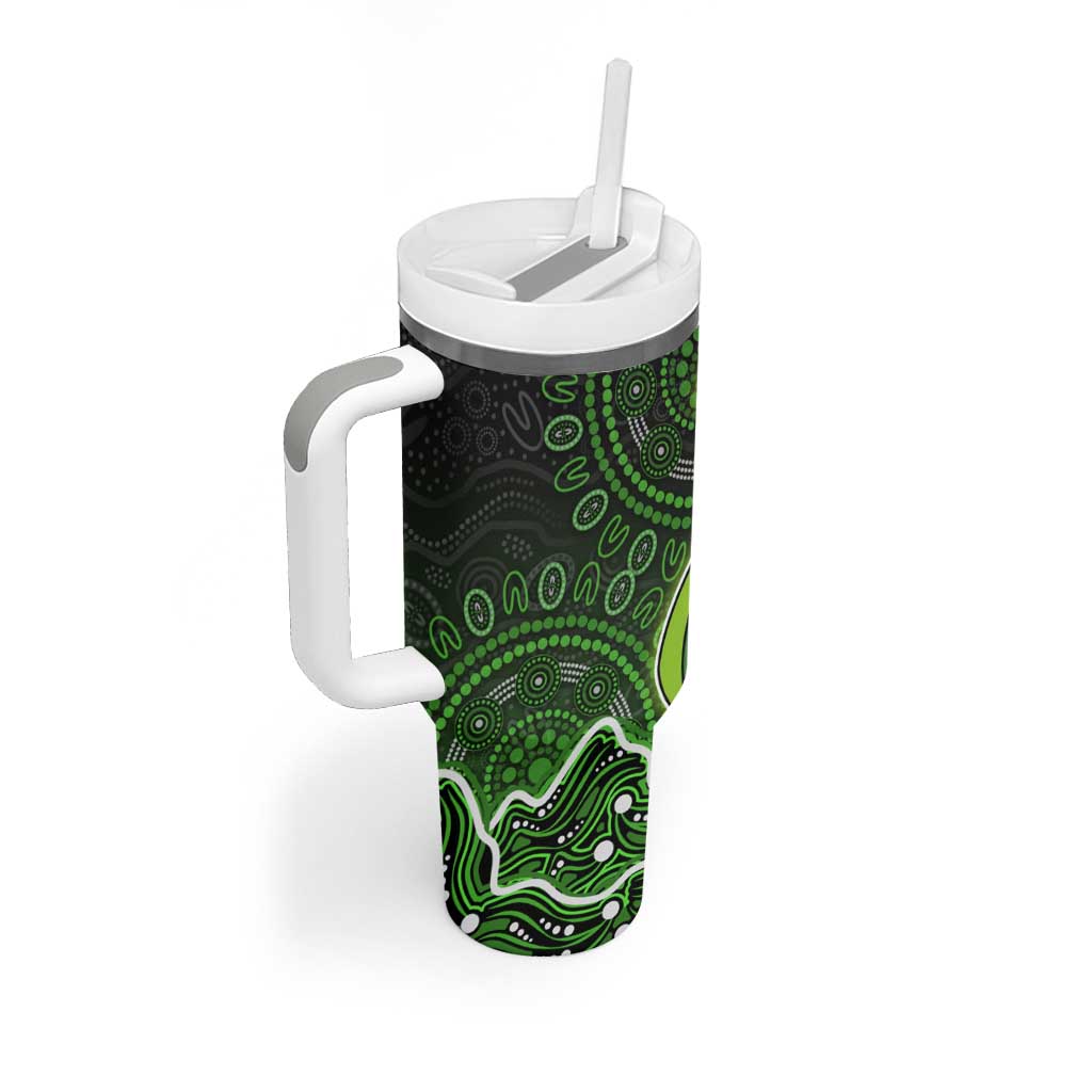 Sydney Thunder Cricket Mascot Tumbler With Handle Aboriginal Dot Art Green And Black Tribal Pattern