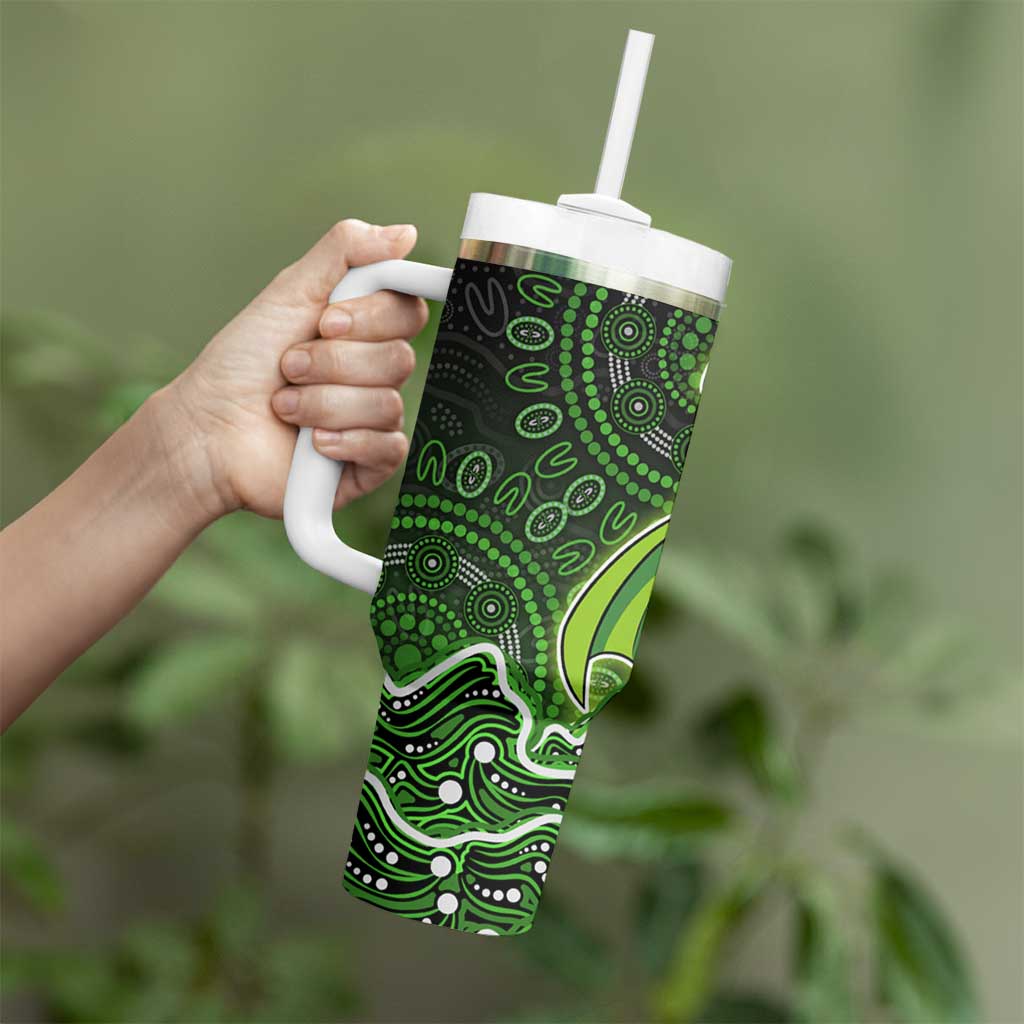 Sydney Thunder Cricket Mascot Tumbler With Handle Aboriginal Dot Art Green And Black Tribal Pattern