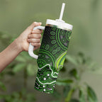 Sydney Thunder Cricket Mascot Tumbler With Handle Aboriginal Dot Art Green And Black Tribal Pattern