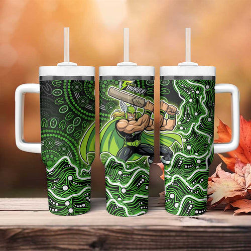 Sydney Thunder Cricket Mascot Tumbler With Handle Aboriginal Dot Art Green And Black Tribal Pattern