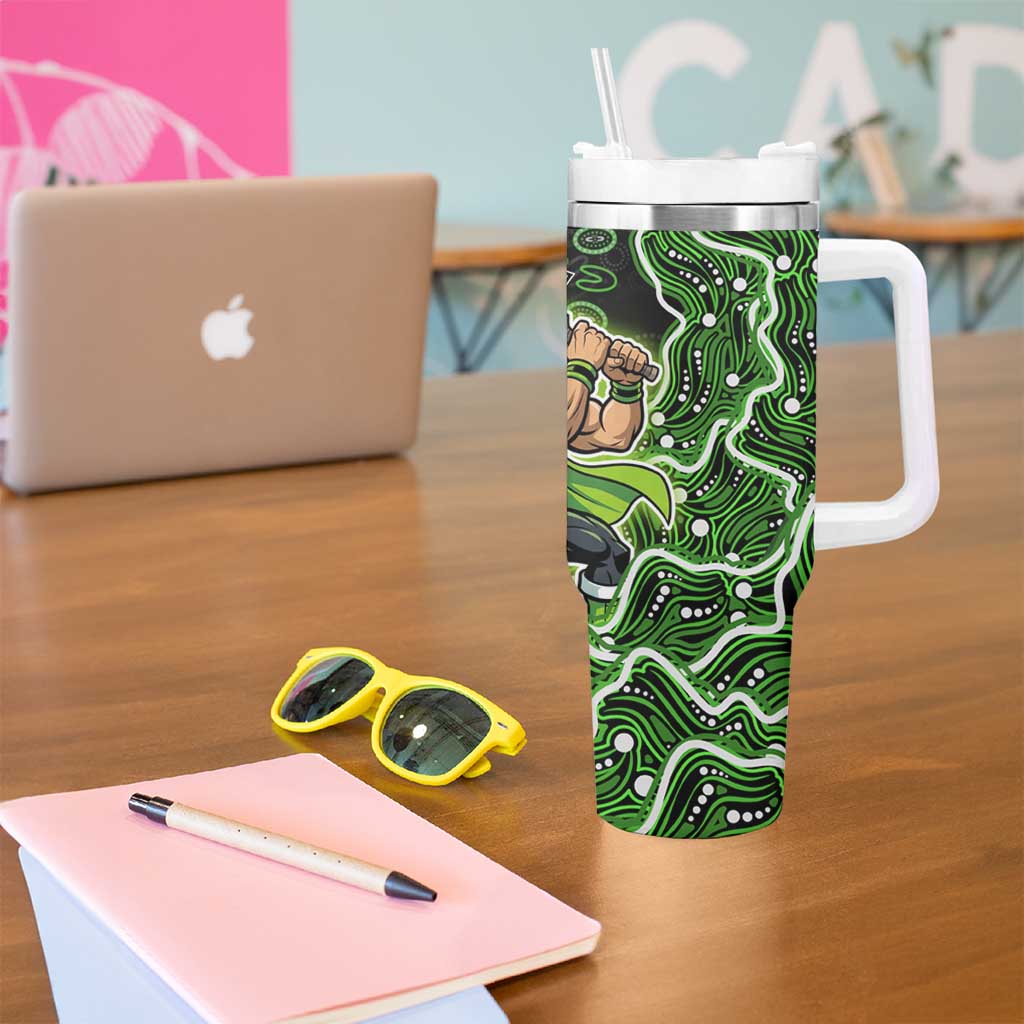 Sydney Thunder Cricket Mascot Tumbler With Handle Aboriginal Dot Art Green And Black Tribal Pattern