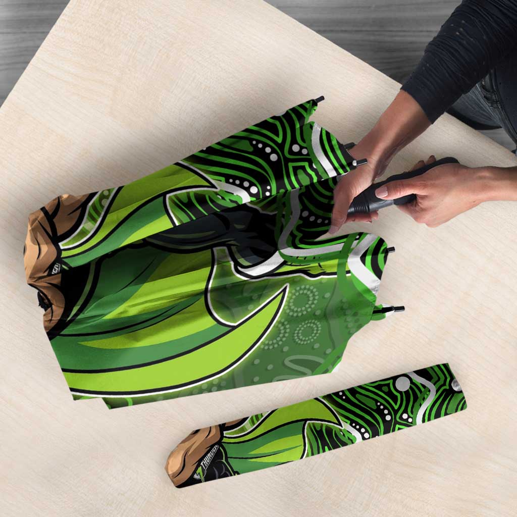 Sydney Thunder Cricket Mascot Umbrella Aboriginal Dot Art Green And Black Tribal Pattern