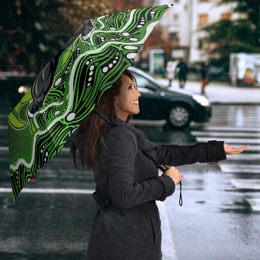 Sydney Thunder Cricket Mascot Umbrella Aboriginal Dot Art Green And Black Tribal Pattern