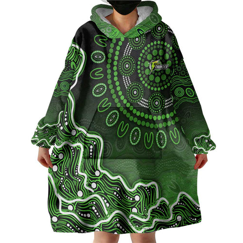 Sydney Thunder Cricket Mascot Wearable Blanket Hoodie Aboriginal Dot Art Green And Black Tribal Pattern