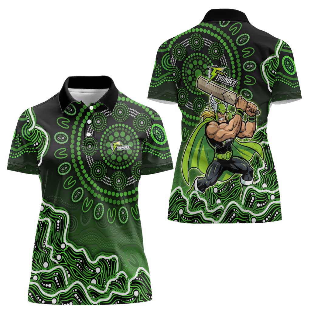 Sydney Thunder Cricket Mascot Women Polo Shirt Aboriginal Dot Art Green And Black Tribal Pattern