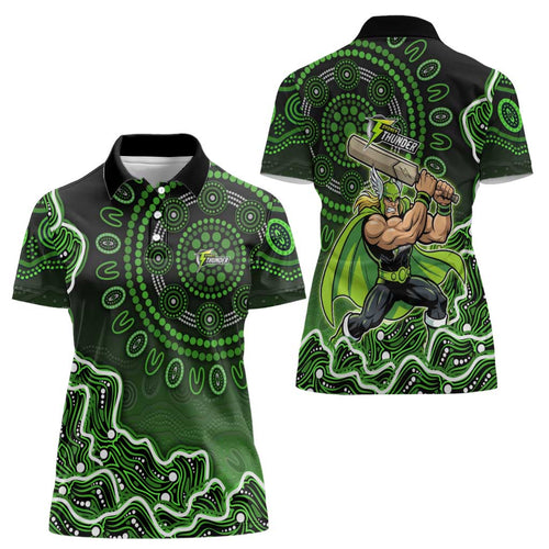 Sydney Thunder Cricket Mascot Women Polo Shirt Aboriginal Dot Art Green And Black Tribal Pattern