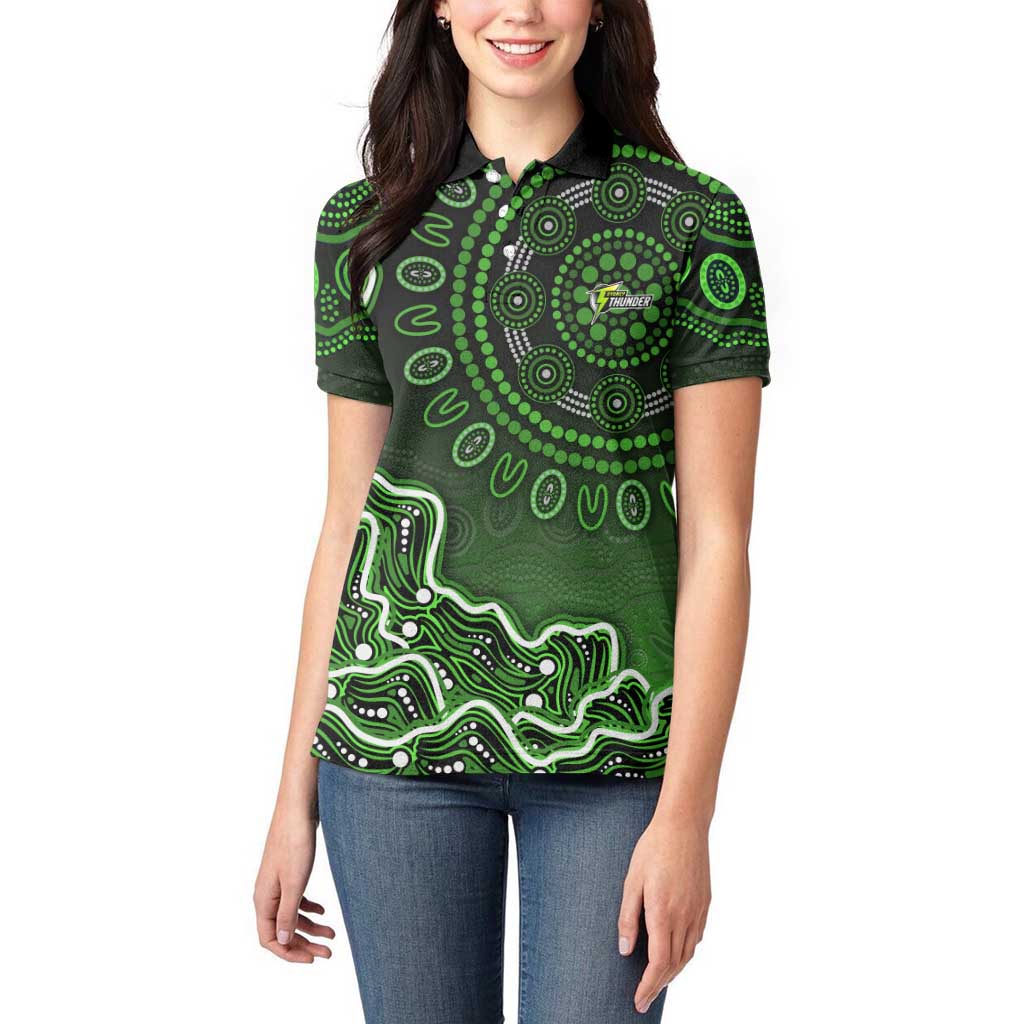 Sydney Thunder Cricket Mascot Women Polo Shirt Aboriginal Dot Art Green And Black Tribal Pattern