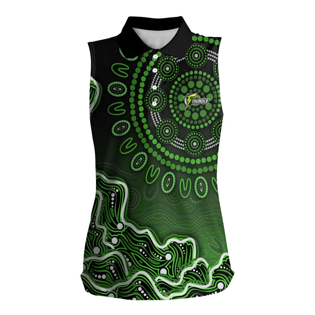 Sydney Thunder Cricket Mascot Women Sleeveless Polo Shirt Aboriginal Dot Art Green And Black Tribal Pattern