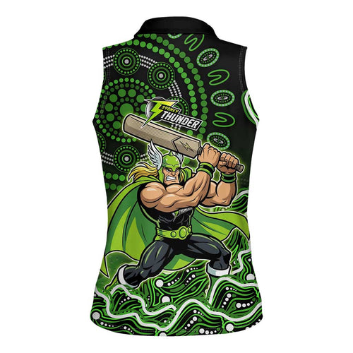 Sydney Thunder Cricket Mascot Women Sleeveless Polo Shirt Aboriginal Dot Art Green And Black Tribal Pattern