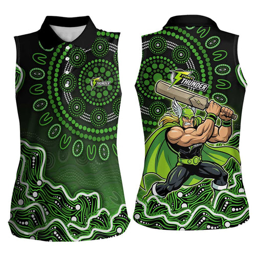 Sydney Thunder Cricket Mascot Women Sleeveless Polo Shirt Aboriginal Dot Art Green And Black Tribal Pattern