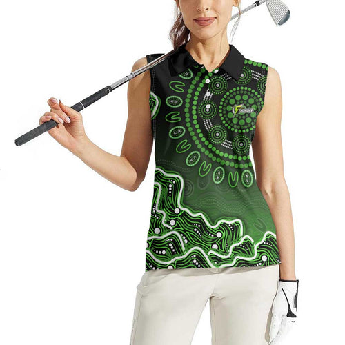 Sydney Thunder Cricket Mascot Women Sleeveless Polo Shirt Aboriginal Dot Art Green And Black Tribal Pattern