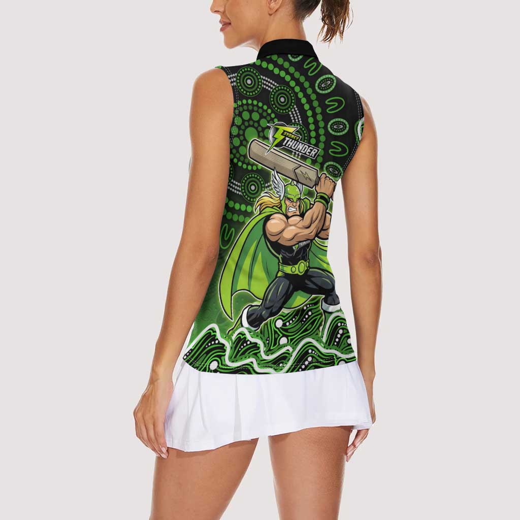 Sydney Thunder Cricket Mascot Women Sleeveless Polo Shirt Aboriginal Dot Art Green And Black Tribal Pattern