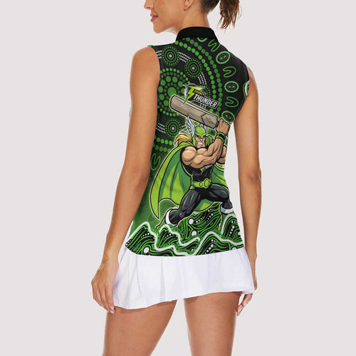 Sydney Thunder Cricket Mascot Women Sleeveless Polo Shirt Aboriginal Dot Art Green And Black Tribal Pattern