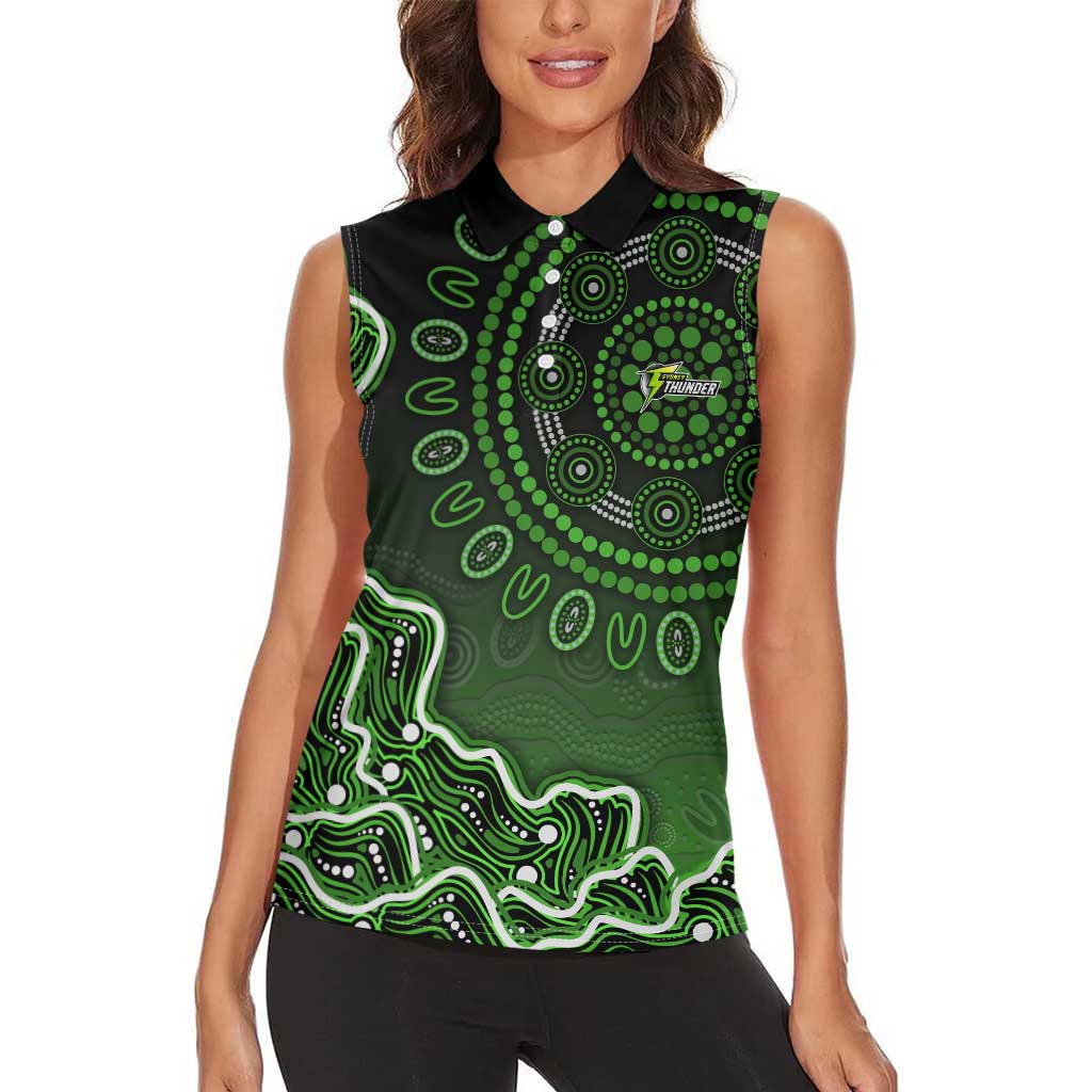 Sydney Thunder Cricket Mascot Women Sleeveless Polo Shirt Aboriginal Dot Art Green And Black Tribal Pattern