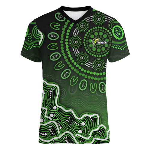 Sydney Thunder Cricket Mascot Women V-Neck T-Shirt Aboriginal Dot Art Green And Black Tribal Pattern