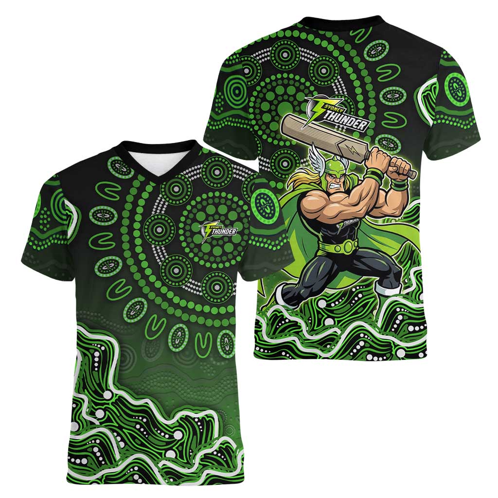 Sydney Thunder Cricket Mascot Women V-Neck T-Shirt Aboriginal Dot Art Green And Black Tribal Pattern